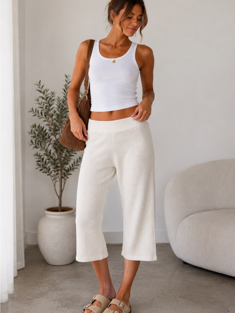 Sincerely Jules Knit Gaucho Pants Medium Cream Wide Leg Lounge